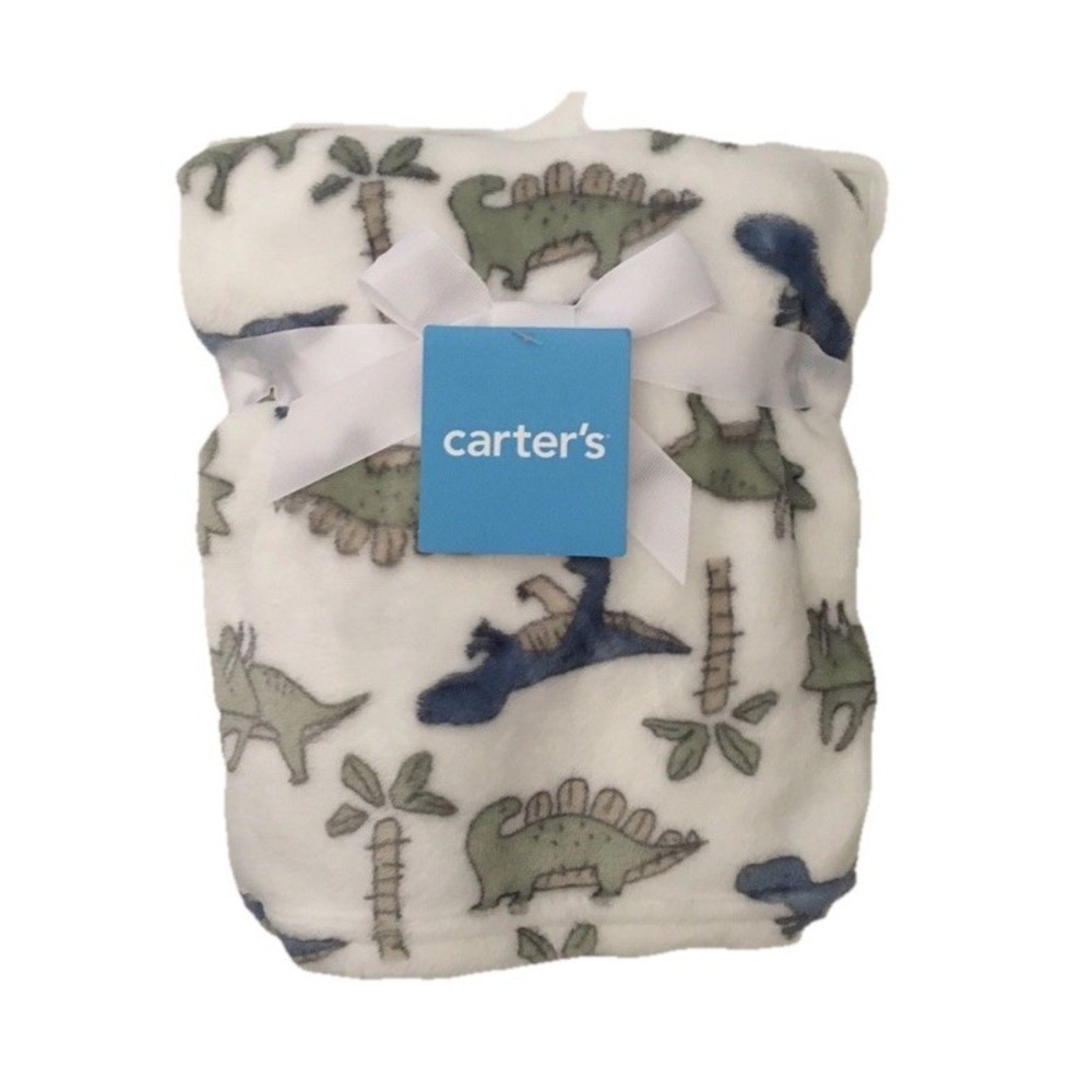 Carters Baby Boy White Dinosaur Themed Baby Blanket Newborn Baby Gift 30x40" NWT